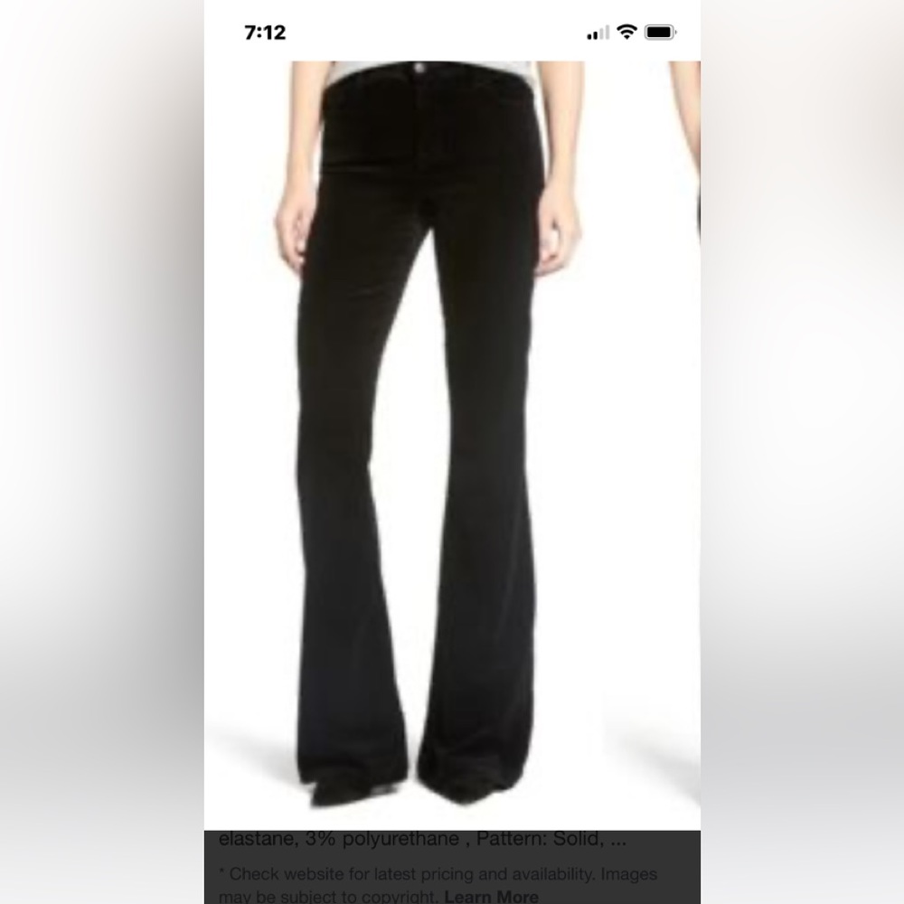 J Brand Black velvet flare jeans. Bella
